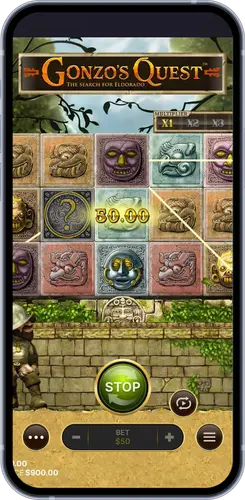 Gonzo’s Quest speelveld met multiplier en winnende symbolen