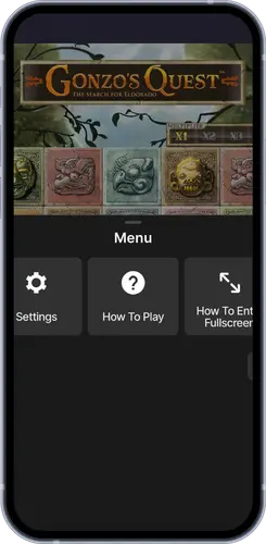 Gonzo’s Quest spelmenu met instellingen en How To Play